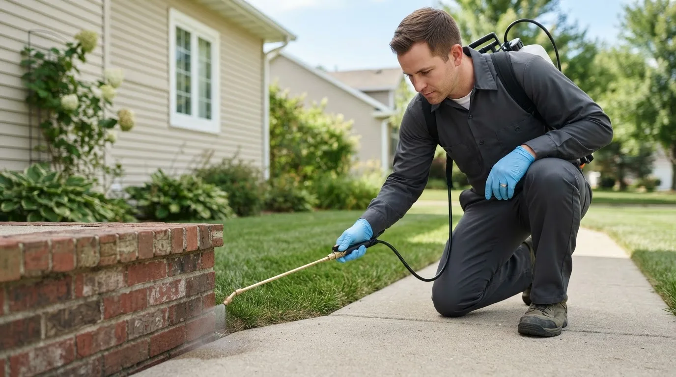 Pest control technician treating a home near Brinklow, MD